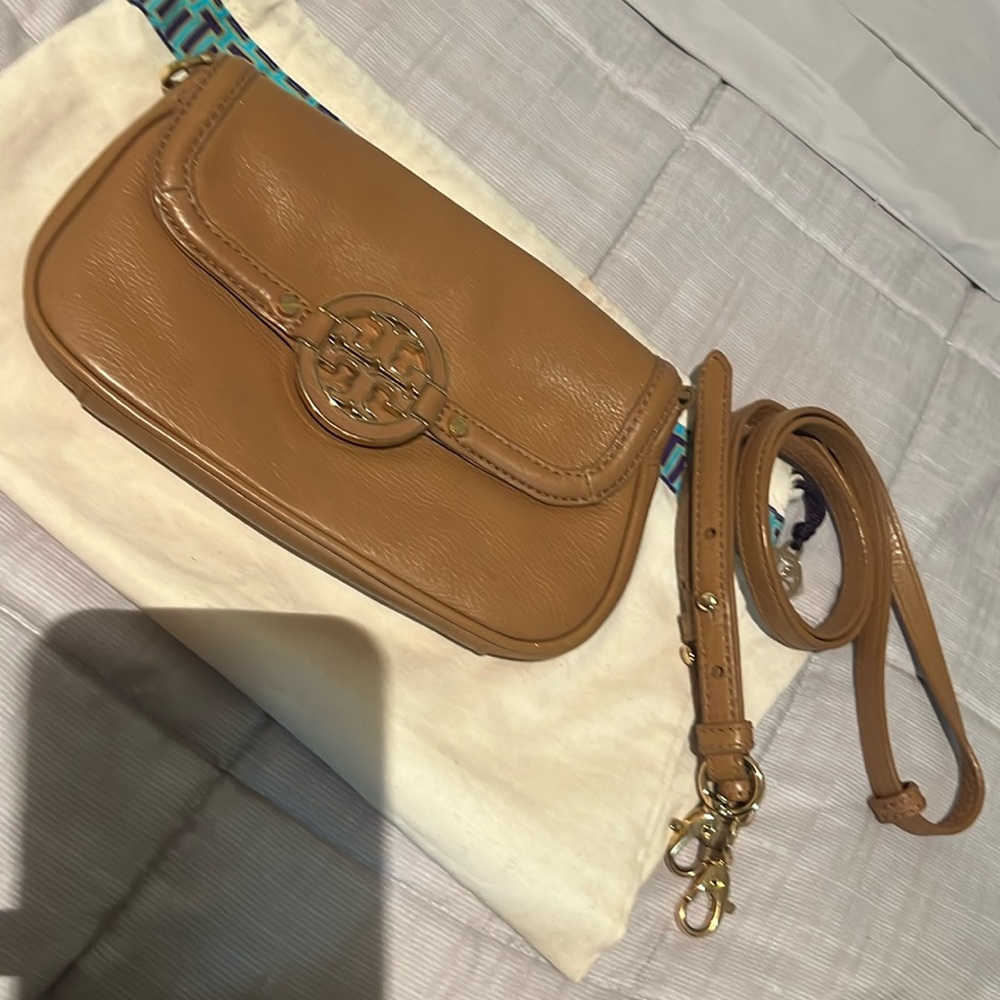Tory Burch Cognac brown leather crossbody bag with leather strap and dust bag